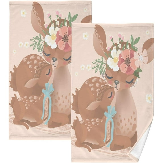 Dreamtimes Face Hand Towel Set Cute Deer Mother Flowers Floral Wreath Cotton Washcloths, Quick-Dry Highly Absorbent Bath Towel- Pack of 2
