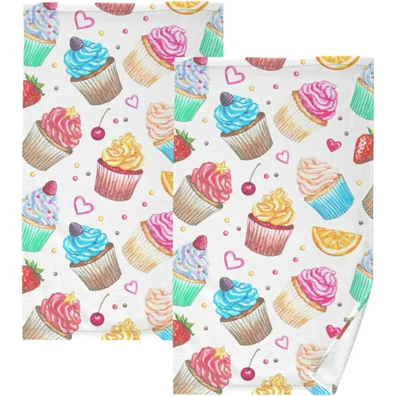 Dreamtimes Face Hand Towel Set Watercolor Cupcakes Cotton Washcloths, Ultra Soft and Highly Absorbent,Decorative Fingertip Face Towel for Bathroom Hotel- Pack of 2