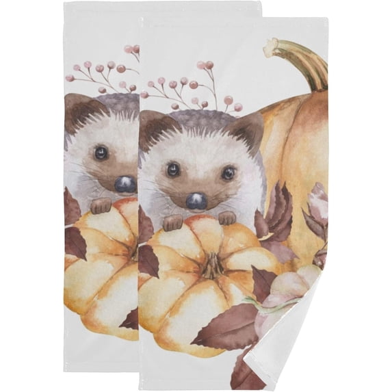 Dreamtimes Fall Animals Pumpkin Dish Towels Kitchen Towel 2 PCS, Autumn Floral Hand Towels Ultra Soft and Highly Absorbent,Decorative Fingertip Face Towel for Bathroom Hotel, 28.3"x14.4"