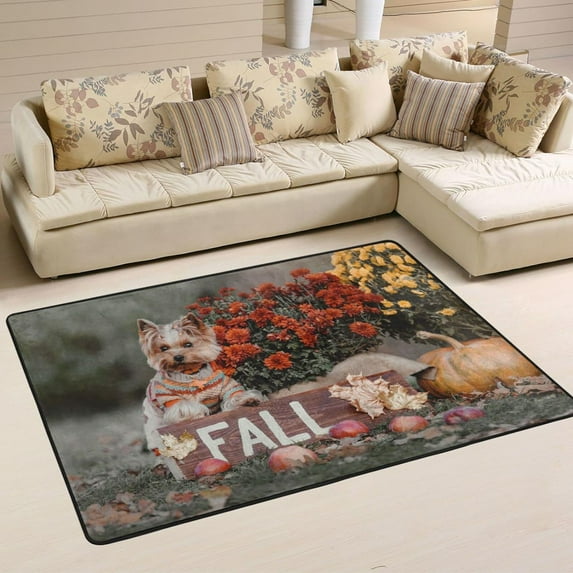 Dreamtimes Fall Cute Dog Area Rug 72x48in Autumn Pumpkin Flower Non-Slip Floor Carpet Comfort Floor Mats Decor for Indoor Living Dining Room and Bedroom Area