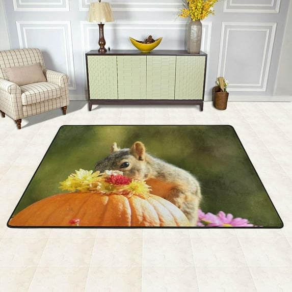 Dreamtimes Fall Pumpkin Squirrel Area Rug 72x48in Autumn Sunflower Non-Slip Floor Carpet Comfort Floor Mats Decor for Indoor Living Dining Room and Bedroom Area