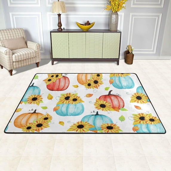 Dreamtimes Fall Pumpkin Sunflower Area Rug 72x48in Blue Pumpkins Non-Slip Floor Carpet Comfort Floor Mats Decor for Indoor Living Dining Room and Bedroom Area