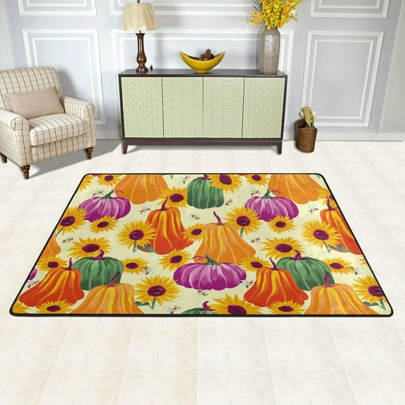 Dreamtimes Fall Pumpkins Area Rug, 36"x24" Autumn Sunflower Flowers Bee Watercolor Non-Slip Washable Indoor Door Mat, Absorbent Floor Mat for Bedroom Kitchen Entryway Bathroom