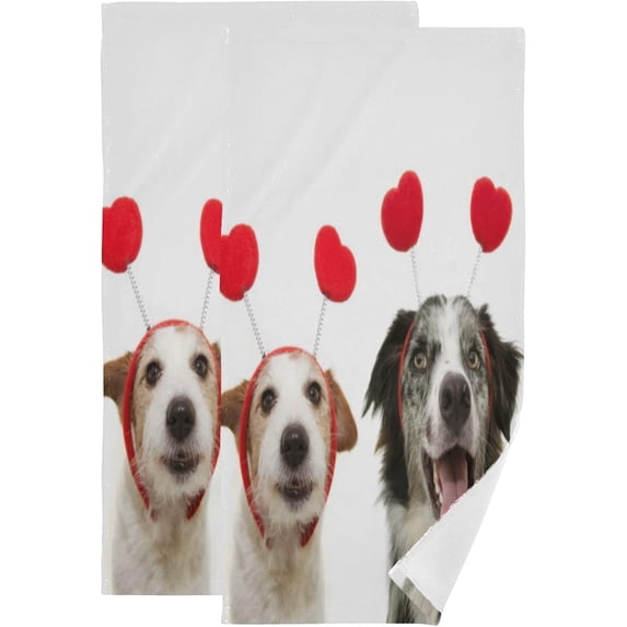 Dreamtimes Five Dogs Puppy Love Hand Towels 2 PCS, Valentine Red Heart Diadem Kitchen Towel Ultra Soft and Highly Absorbent,Decorative Fingertip Face Towel for Bathroom Hotel, 28.3"x 14.4"