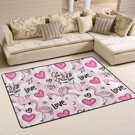 Dreamtimes Flamingo Hearts Love Non-Slip Area Rug 36"x24", Valentine's Day Pink Floor Carpet Comfort Floor Mats Decor for Indoor Front Porch,Living Room, Bedroom,Kitchen