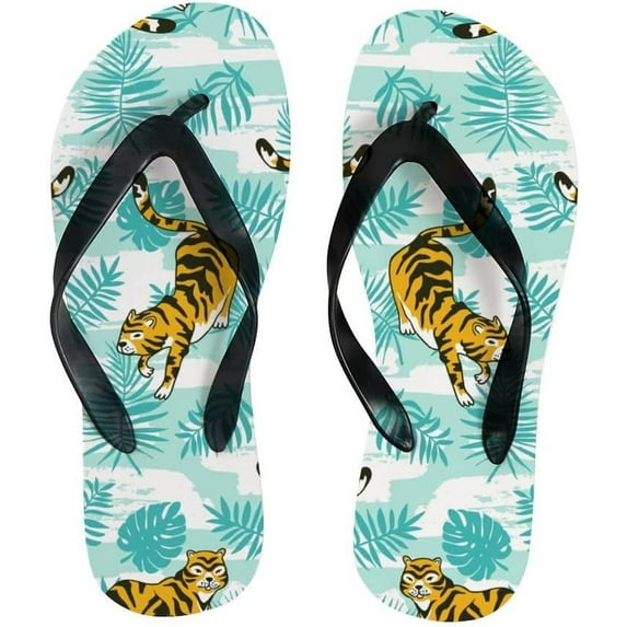 Dreamtimes Flip Flops Tropical Tiger Palm Leaves Striped Animal Slippers Sandals for Women Men Boy Girl Kid Beach Summer Yoga Mat Slipper