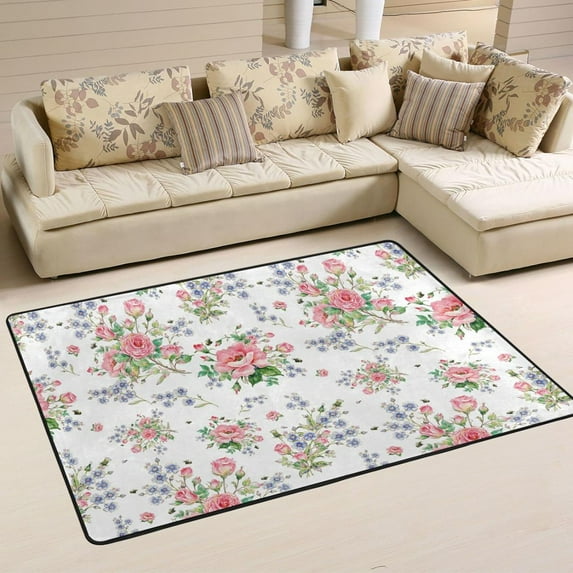 Dreamtimes Floral Roses Pink Area Rug 72x48in Wildflowers Non-Slip Floor Carpet Comfort Floor Mats Decor for Indoor Living Dining Room and Bedroom Area