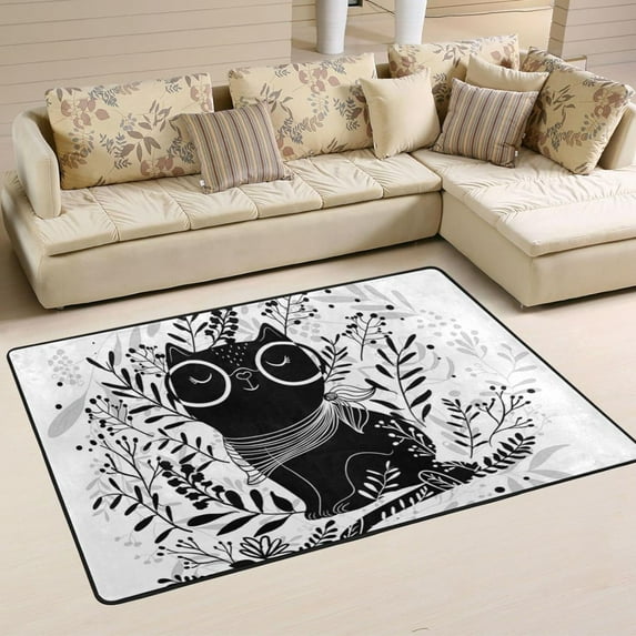 Dreamtimes Floral Wreath Cat Area Rug, 36"x24" Cute Black Kitten Non-Slip Washable Indoor Door Mat, Absorbent Floor Mat for Bedroom Kitchen Entryway Bathroom