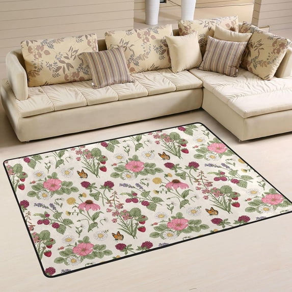 Dreamtimes Flower Butterfly Spring Area Rug 72x48in Light Cream Non-Slip Floor Carpet Comfort Floor Mats Decor for Indoor Living Dining Room and Bedroom Area