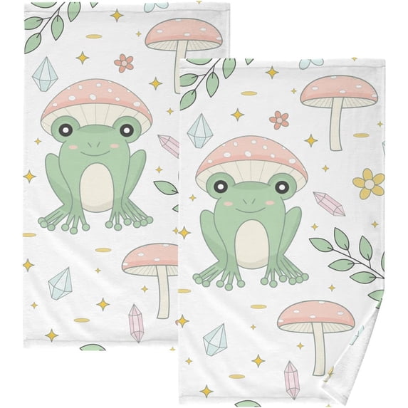 Dreamtimes Frog and Mushrooms Face Hand Towel Set, Cotton Washcloths, Ultra Soft and Highly Absorbent,Decorative Fingertip Face Towel for Bathroom Hotel- Pack of 2
