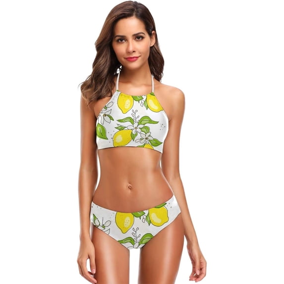 Dreamtimes Fruit Lemon Flower Leaves Swimsuits Padded Bikini Sets Sexy Swimwear for Women, Small