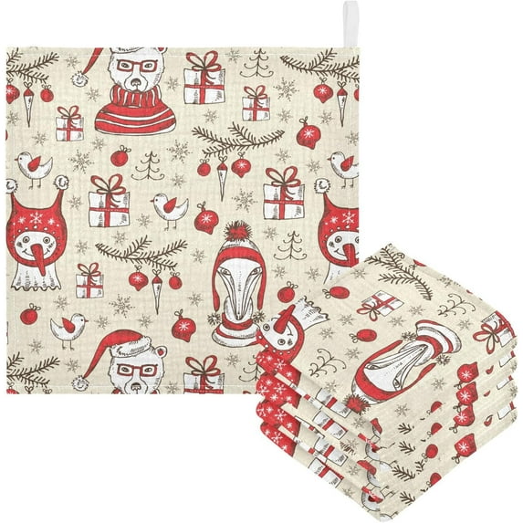 Dreamtimes Funny Bear Fox Snowman Baby Muslin Washcloths Face Towel, 3 PCS Christmas Burp Cloths Cotton Wipes Infant Wash Cloth for Newborn Boys Girls 12x12 inches
