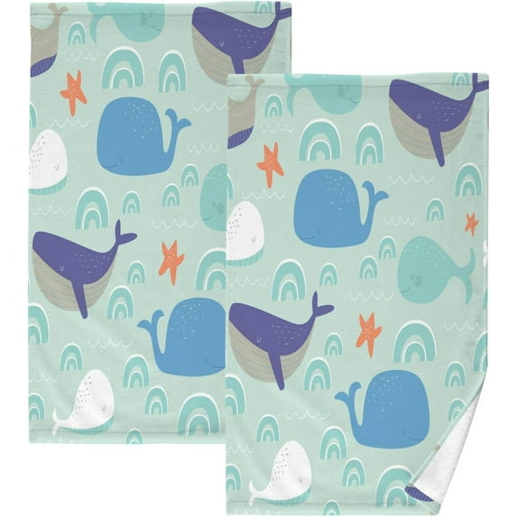 Dreamtimes Funny Cartoon Whale Hand Towels, 2 PCS, Highly Absorbent Soft Cotton Face Towels Bathroom Decorative Towel for Beach Gym Spa Shower, 16x28In