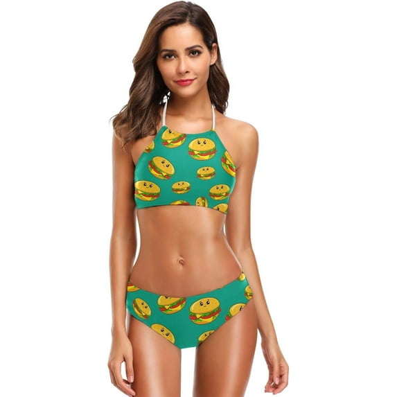 Dreamtimes Funny Food Burger Hamburger Swimsuits Padded Bikini Sets Sexy Swimwear for Women, XX-Large