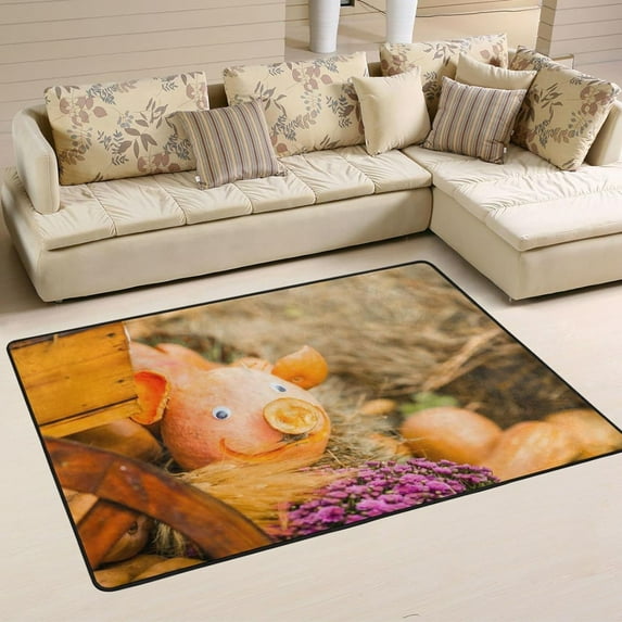 Dreamtimes Funny Pumpkins Pig Area Rug, 36"x24" Autumn Theme Non-Slip Washable Indoor Door Mat, Absorbent Floor Mat for Bedroom Kitchen Entryway Bathroom