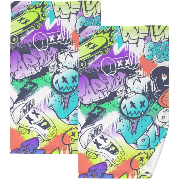 Dreamtimes Game Doodle Patterned Hand Towels 2 PCS, Cotton Bath Towel for Drying Face Hands Body Decorative Water Absorbent Lightweight Towels for Bathroom Ktichen Travel Gym,16"x28"