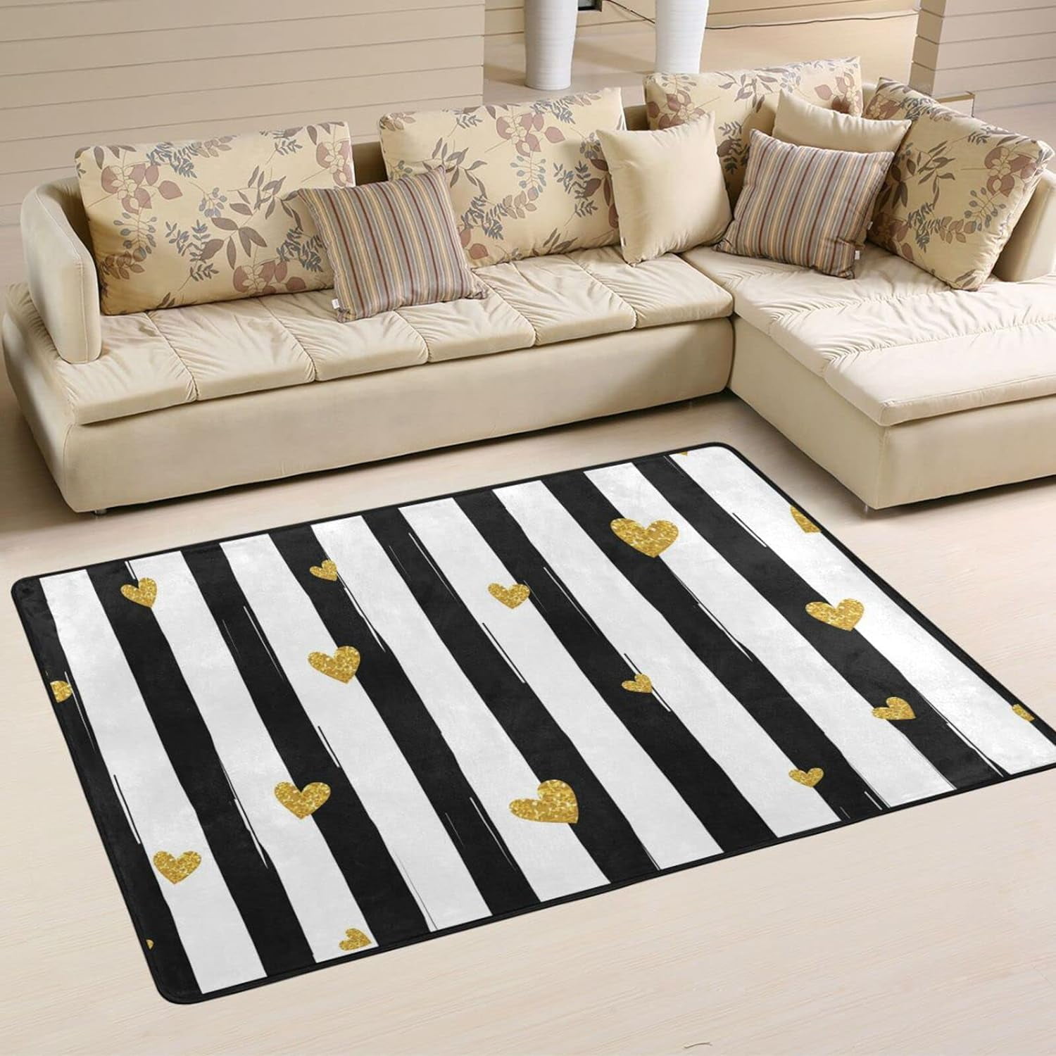 Dreamtimes Glittering Heart Area Rug 72x48in Black Stripes Floor Carpet ...
