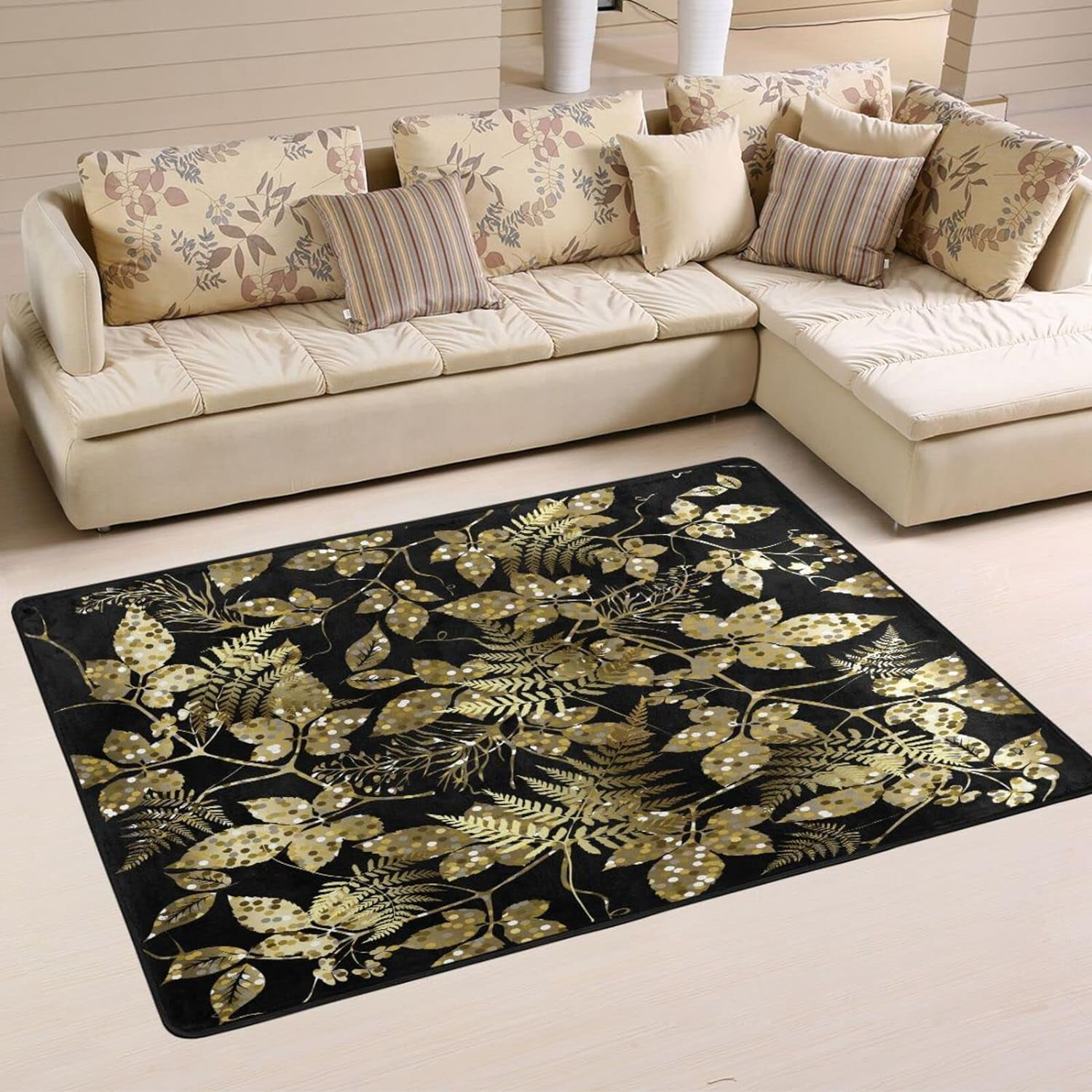 Dreamtimes Gold Glitter Floral Non-Slip Area Rug Glittery Shiny Bling ...