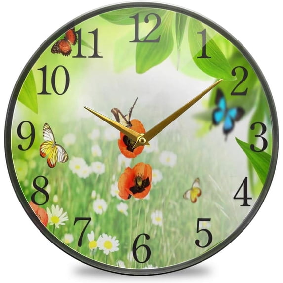 Dreamtimes Green Grass and Leaves Pattern Wall Clock Silent Non Ticking 12 Inch Round Easy to Read for Home Office School Clock