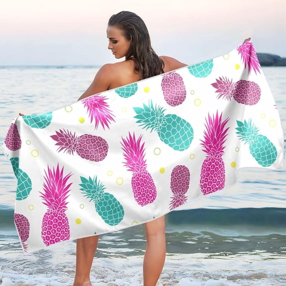 Dreamtimes Green Pink Pineapples Beach Towel Quick Dry Absorbent Bath Towels Sandproof Lightweight Towel for Gym Yoga Sports Swimming 31x71in