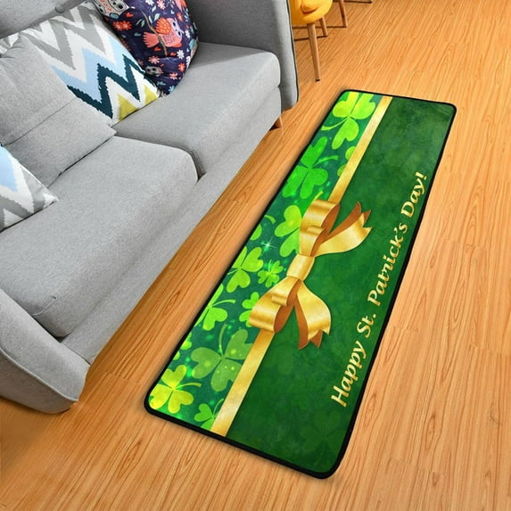 Dreamtimes Green Shining Clovers Hallway Runner Rug 2'x6' Kitchen Rug with Rubber Backing St Patrick's Day Gold Bow Non Slip Entryway Rug Runner Soft Area Rug for Hallway Bedroom Kitchen