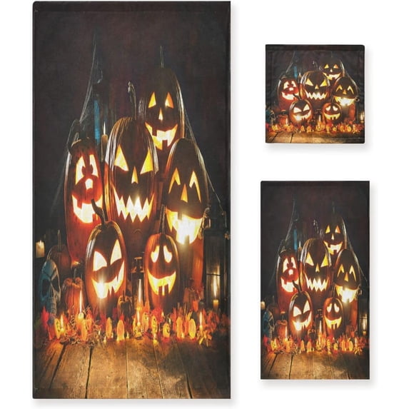 Dreamtimes Halloween Decorative Towel Set, Pumpkins Lantern Print Halloween Print, 3-Piece Set with 30x60 inch Bath Towel, 16x28 inch Hand Towel & 13x13 inch WashclothDreamtimes