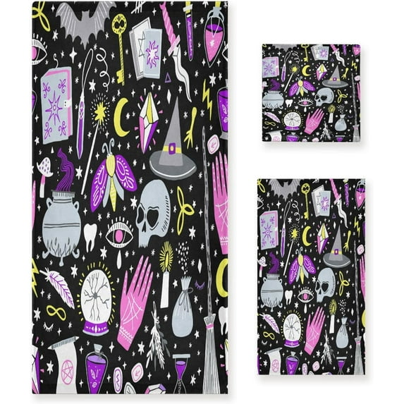 Dreamtimes Halloween Decorative Towel Set, Halloween Witch Magic Print, 3-Piece Set with 30x60 inch Bath Towel, 16x28 inch Hand Towel & 13x13 inch WashclothDreamtimes
