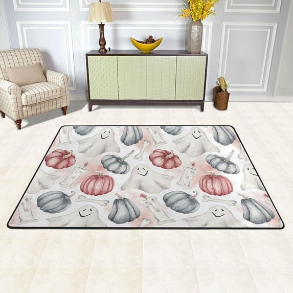 Dreamtimes Halloween Pumpkins Ghost Area Rug 72x48in Watercolor Bones Candles Non-Slip Floor Carpet Comfort Floor Mats Decor for Indoor Living Dining Room and Bedroom Area