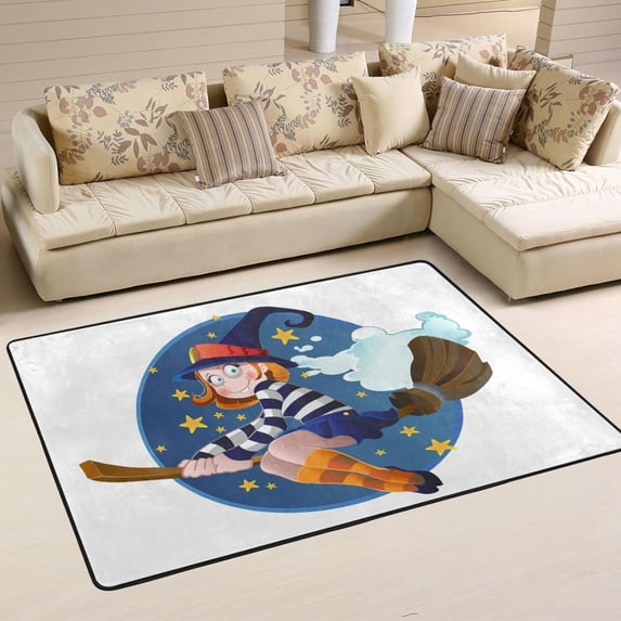 Dreamtimes Halloween Witch Cute Area Rug 72x48in Funny Star Broom Non-Slip Floor Carpet Comfort Floor Mats Decor for Indoor Living Dining Room and Bedroom Area