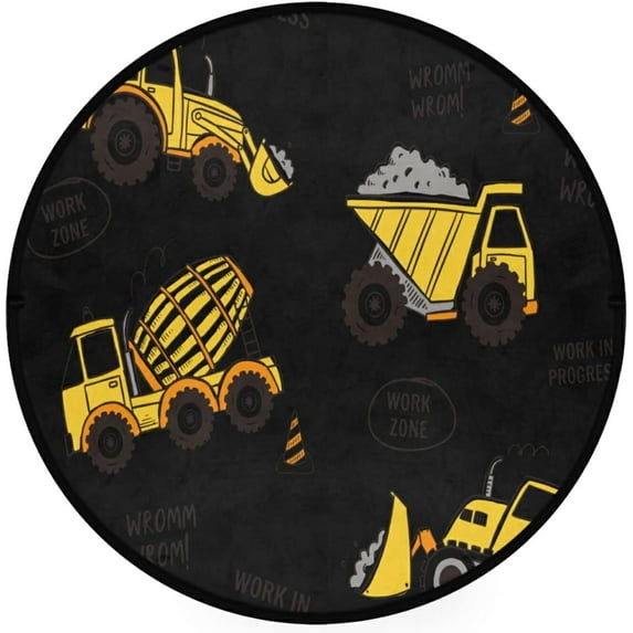 Dreamtimes Hand Drawn Construction Machines Pattern Round Area Rug 3Ft Small Round Area Rug Soft Bedroom Entryway Foyer Throw Mat Washable Non-Shedding Non-Slip Sofa Nursery Carpet