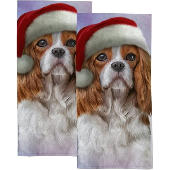 Dreamtimes Hand Towels for Bathroom, Kitchen Towels Decorative Set of 2, Dog Cavalier King Charles Spaniel in a Hat of Santa Claus Absorbent Face Bath Towels 30"x15"