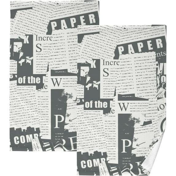 Dreamtimes Hand Towels Black White Newspaper Patterned 2 PCS, Cotton Bath Towel for Drying Face Hands Body Decorative Water Absorbent Lightweight Towels for Bathroom Ktichen Travel Gym,16"x28"