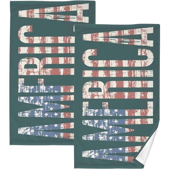 Dreamtimes Hand Towels Inscription America Flag Patterned 2 PCS, Cotton Bath Towel for Drying Face Hands Body Decorative Water Absorbent Lightweight Towels for Bathroom Ktichen Travel Gym,16"x28"