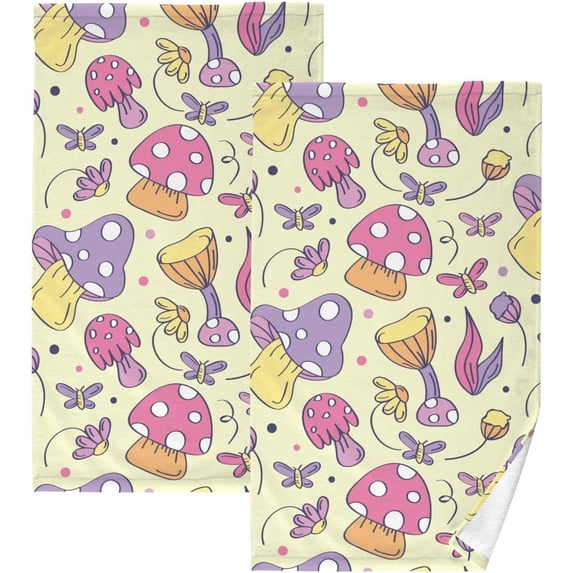 Dreamtimes Hand Towels Kawaii Mini Mushrooms Patterned 2 PCS, Cotton Bath Towel for Drying Face Hands Body Decorative Water Absorbent Lightweight Towels for Bathroom Ktichen Travel Gym,16"x28"