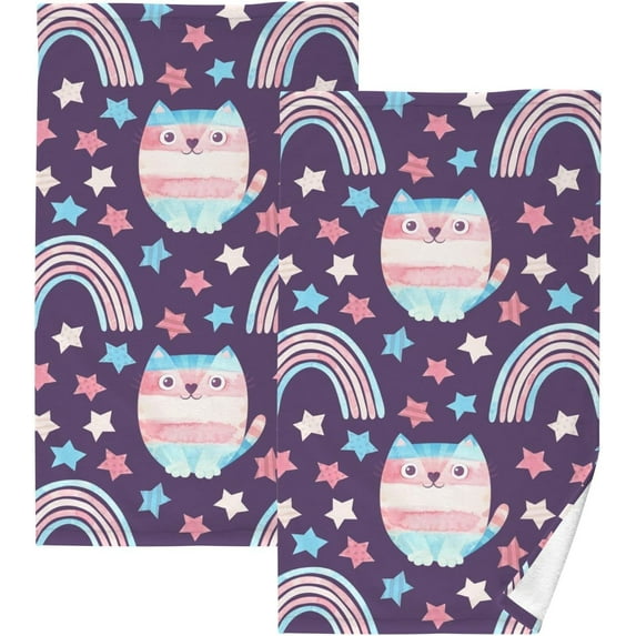 Dreamtimes Hand Towels Pink Cat Rainbow 2 PCS, Cotton Bath Towels Drying Face Hands Body Decorative Water Absorbent Lightweight Washcloth for Bathroom Ktichen Travel Gym, 16"×28"