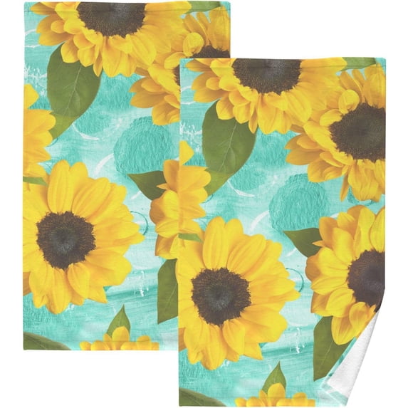 Dreamtimes Hand Towels Sunflower in Green Patterned 2 PCS, Cotton Bath Towel for Drying Face Hands Body Decorative Water Absorbent Lightweight Towels for Bathroom Ktichen Travel Gym,16"x28"