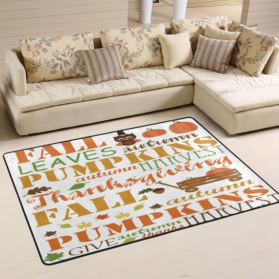 Dreamtimes Happly Thanksgiving Slogan Area Rug, 36"x24" Autumn Turkey Non-Slip Washable Indoor Door Mat, Absorbent Floor Mat for Bedroom Kitchen Entryway Bathroom