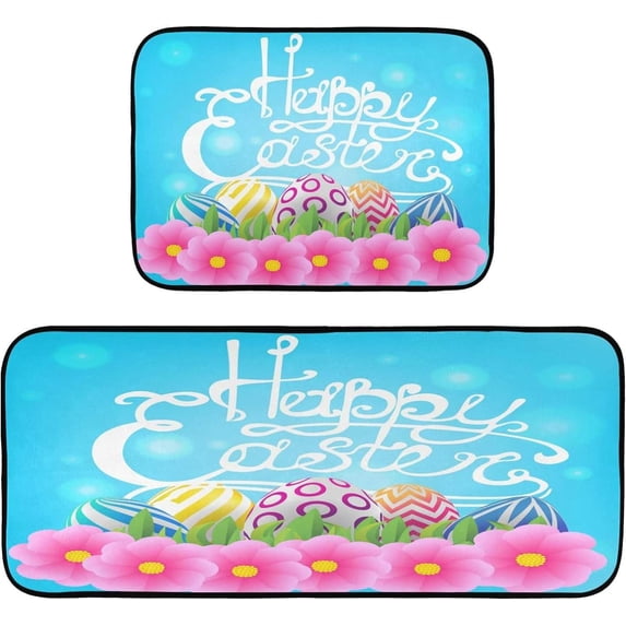 Dreamtimes Happy Easter Beautiful Eggs Kitchen Rugs Door Mat 2PCS,Carpet Front Entrance Non-Slip Relieve Fatigue Washable Floor Mat for Kitchen Bedroom Porch