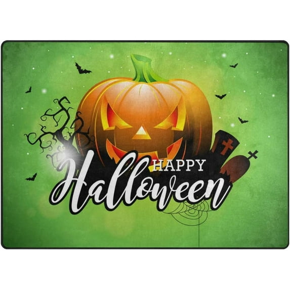 Dreamtimes Happy Halloween On Green Lightweight Carpet Mats, 6'8" x 4'10" Area Soft Rugs Floor Mat Rug Home Decoration for Kids Room Living Room, 80"x 58"