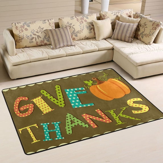 Dreamtimes Happy Thanksgiving Area Rug, 36"x24" Give Thanks Pumpkin Non-Slip Washable Indoor Door Mat, Absorbent Floor Mat for Bedroom Kitchen Entryway Bathroom