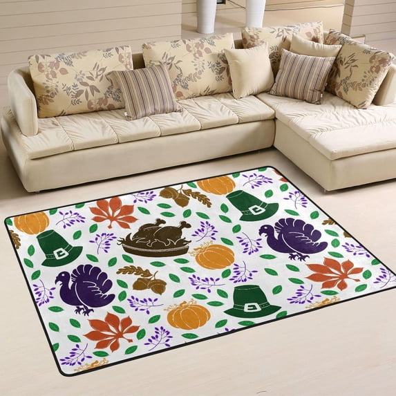 Dreamtimes Happy Thanksgiving Day Area Rug 72x48in Cute Turkey Pumpkin Non-Slip Floor Carpet Comfort Floor Mats Decor for Indoor Living Dining Room and Bedroom Area
