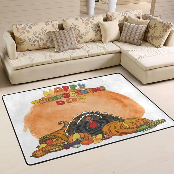 Dreamtimes Happy Thanksgiving Day Area Rug 72x48in Turkey Cornucopia Non-Slip Floor Carpet Comfort Floor Mats Decor for Indoor Living Dining Room and Bedroom Area
