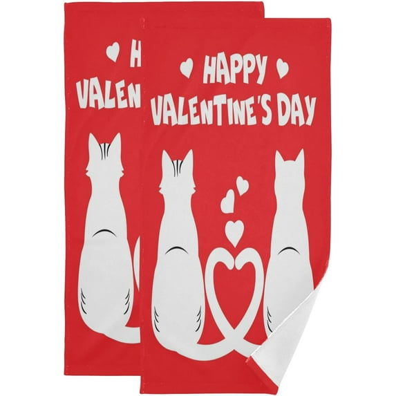 Dreamtimes Happy Valentine's Day Hand Towels 2 PCS, Red Cat Heart Silhouette Kitchen Towel Ultra Soft and Highly Absorbent,Decorative Fingertip Face Towel for Bathroom Hotel, 28.3"x 14.4"