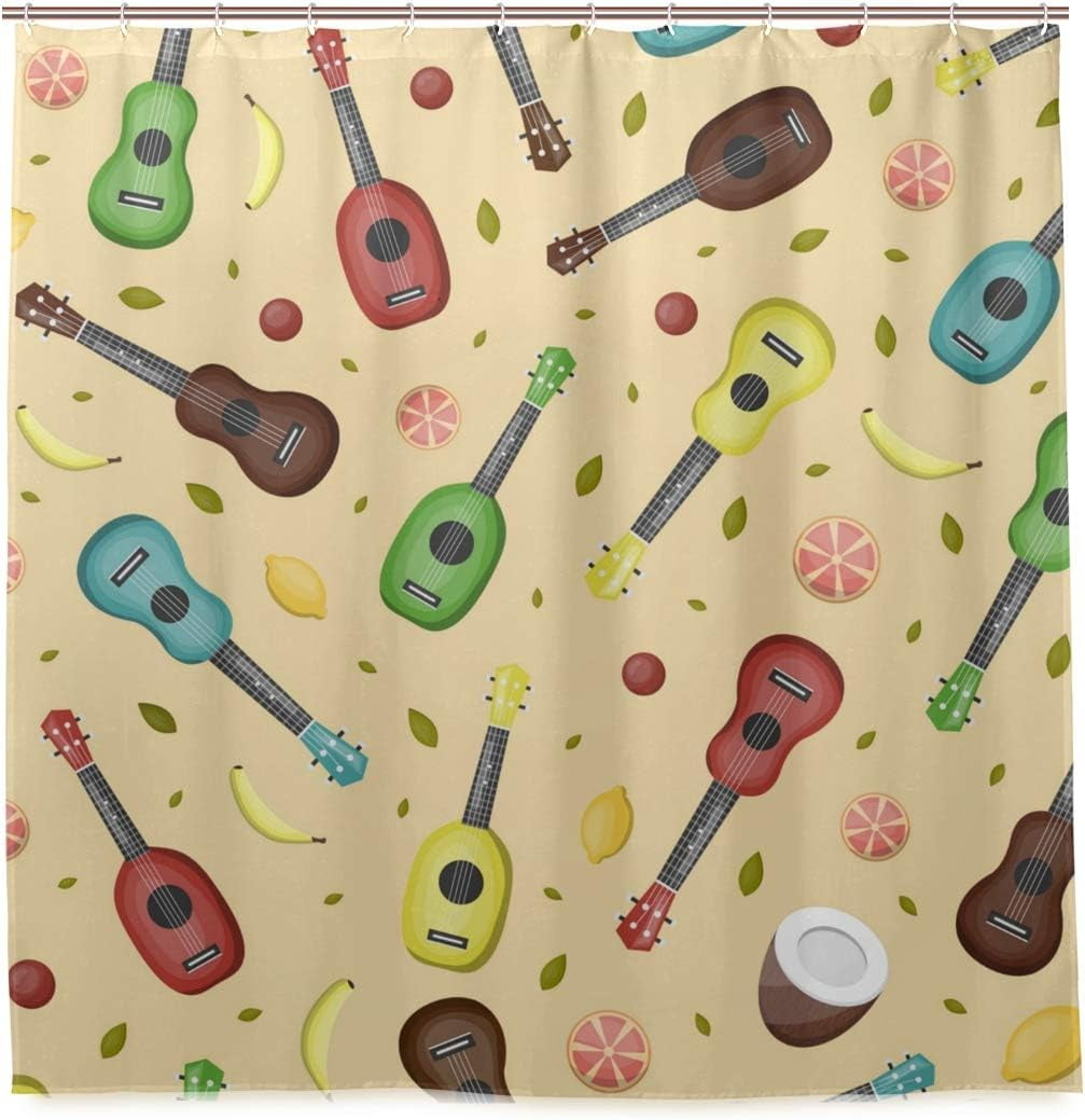 Dreamtimes Hawaiian Ukulele and Fruits Bath Shower Curtain Liners 72"x72", Polyester Waterproof