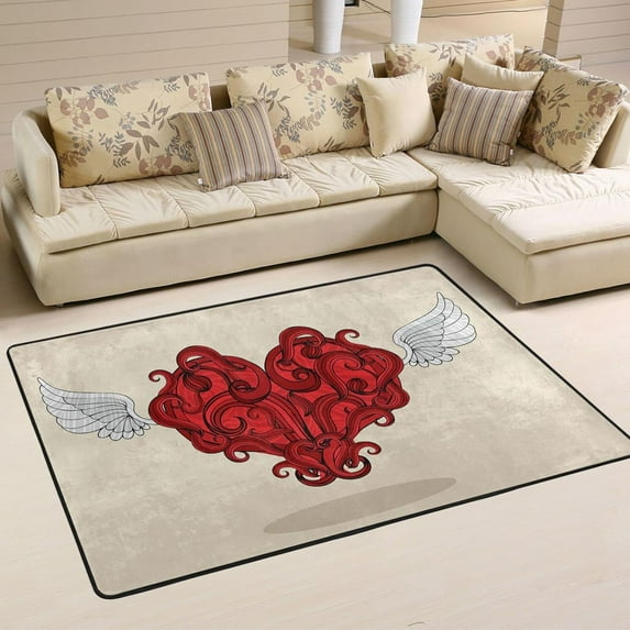 Dreamtimes Heart with Wings Non-Slip Area Rug 72"x48", Vintage Valentine Soft Non Slip Washable Floor Mats for Indoor Front Porch,Living Room, Bedroom,Kitchen