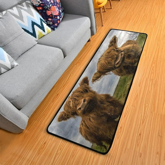 Dreamtimes Highland Cow Funny Hallway Runner Rug 2'x6' Kitchen Rug with Rubber Backing Meadow Animal Non Slip Entryway Rug Runner Washable Soft Area Rug for Hallway Bedroom Kitchen Decor