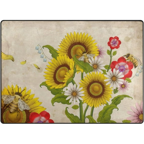 Dreamtimes Honey Bees and Wildflowers Lightweight Carpet Mats, 6'8" x 4'10" Area Soft Rugs Floor Mat Rug Home Decoration for Kids Room Living Room, 80"x 58"