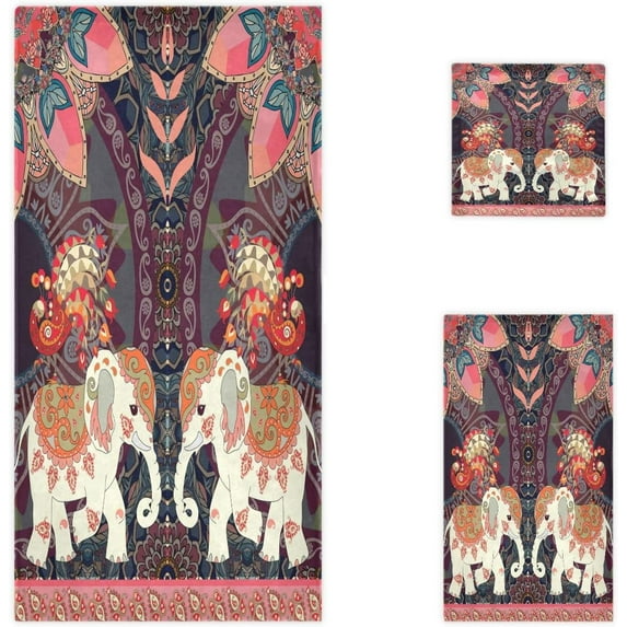 Dreamtimes Indian Elephants Peacock Vintage Soft Luxury Decorative Set of 3 Towels, 1 Bath Towel+1 Hand Towel+1 Washcloth, Multipurpose for Bathroom, Hotel, Gym, Spa and Kitchen