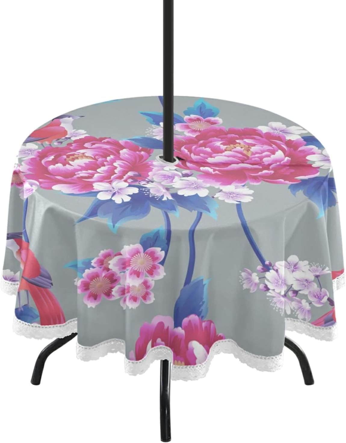 Dreamtimes Indoor & Outdoor Round Tablecloth 60In,Peony and Cherry Blossom Waterproof Tablecloth