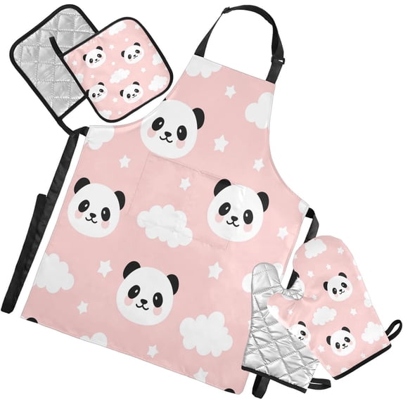 Dreamtimes Kid Panda Apron Home Kitchen Cooking,Kitchen Accessories Set,5 Set -Apron Oven Mitt Glove and Pot Holder Kitchen Linen Sets